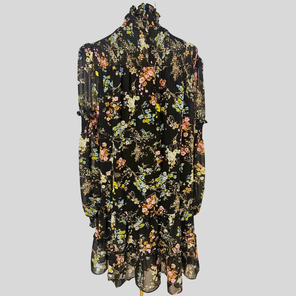 Cinq à Sept Black Floral Smocked Mini Dress Size 8 Romantic Ruffle Mock Neck - Picture 3 of 10